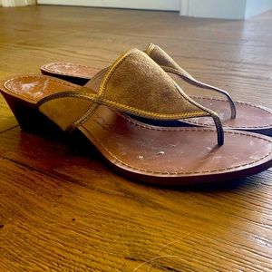 Anthropologie, suede platform sandal. Gold, brown, mustard colored.